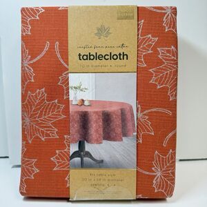 From The Hearth 100% Cotton Orange Fall Silver Leaves 20” Round Tablecloth New